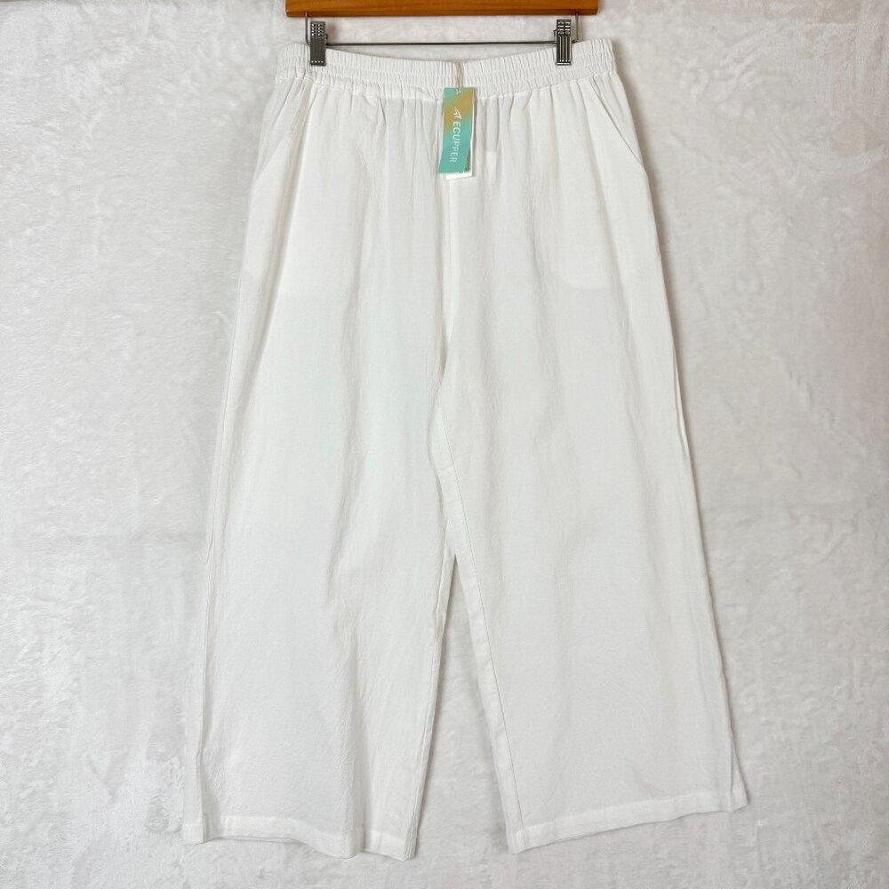 NEW Resort Coastal Cotton Wide Leg Elastic Waist Textured Capri Pants Womens L